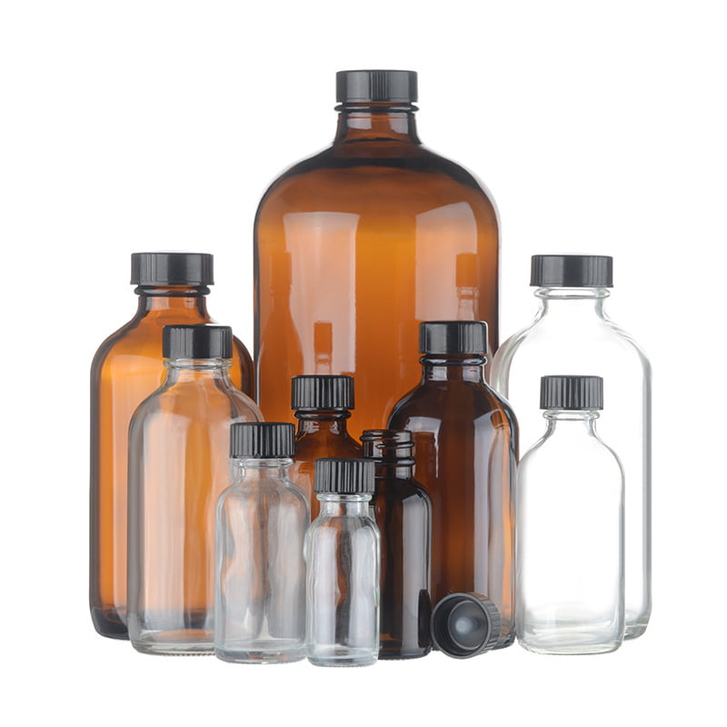 clear and amber glass boston round bottles
