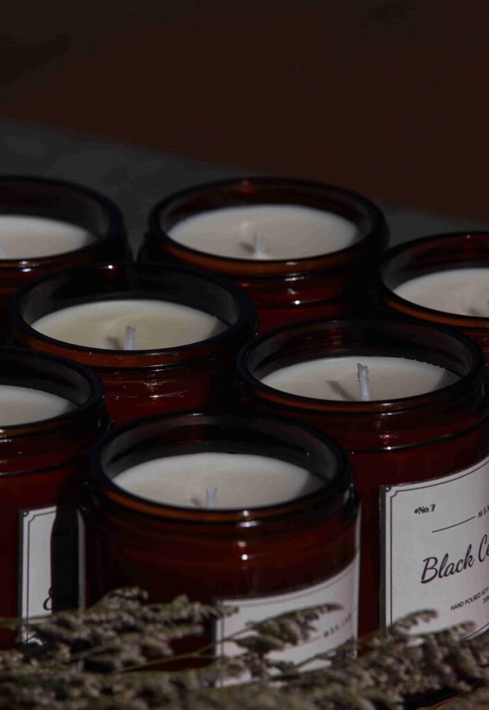 amber glass candle jars with sticker