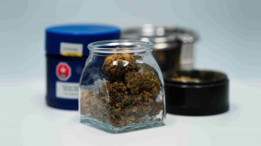 cannabis in glass jar, cannabis glass packaging