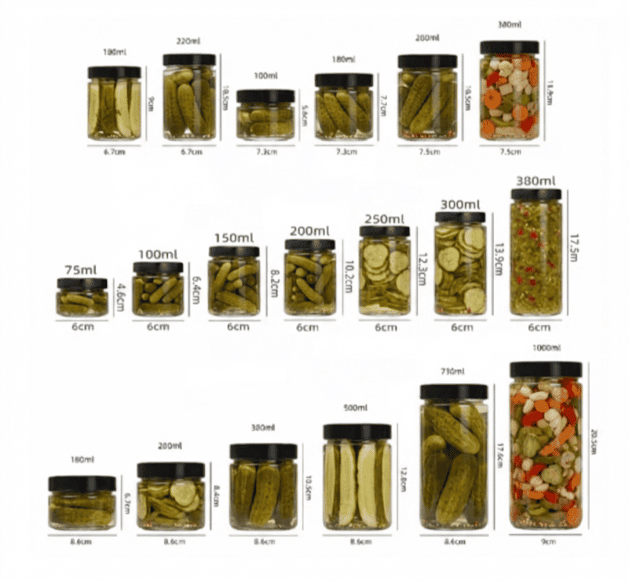 different sizes of pickle jars